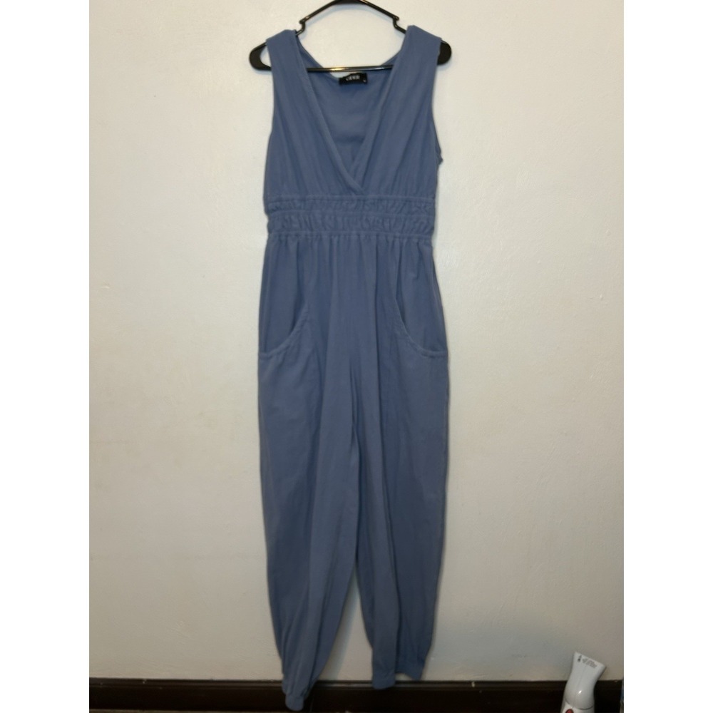 CIDER Dusty Blue 100% Cotton Sleeveless Jumpsuit XL V-Neck Pockets Jogger Cuff